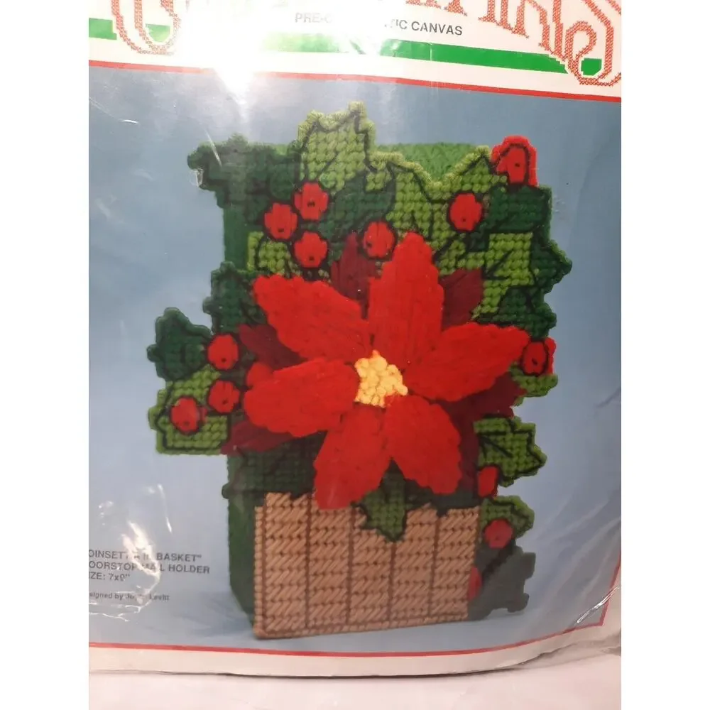 Vintage Bucilla Christmas Plastic Canvas Kit Poinsettia In Basket Doorstop